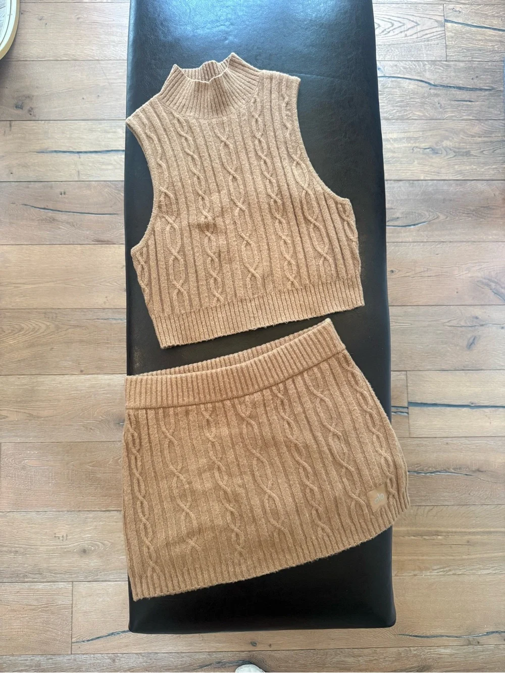 Alo Yoga Camel Cable Knit Camel Two-Piece Sleeveless Crop Top & Mini Skirt